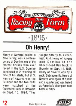 1993 Horse Star Daily Racing Form 100th Anniversary #2 Henry of Navarre Back